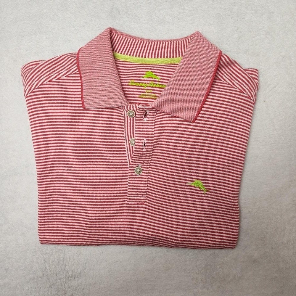 Tommy Bahama Polo Shirt Mens Small Red Striped Golf Collared Supima Logo Peru